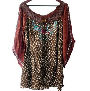 Embroidered Brown and Red Women's Top